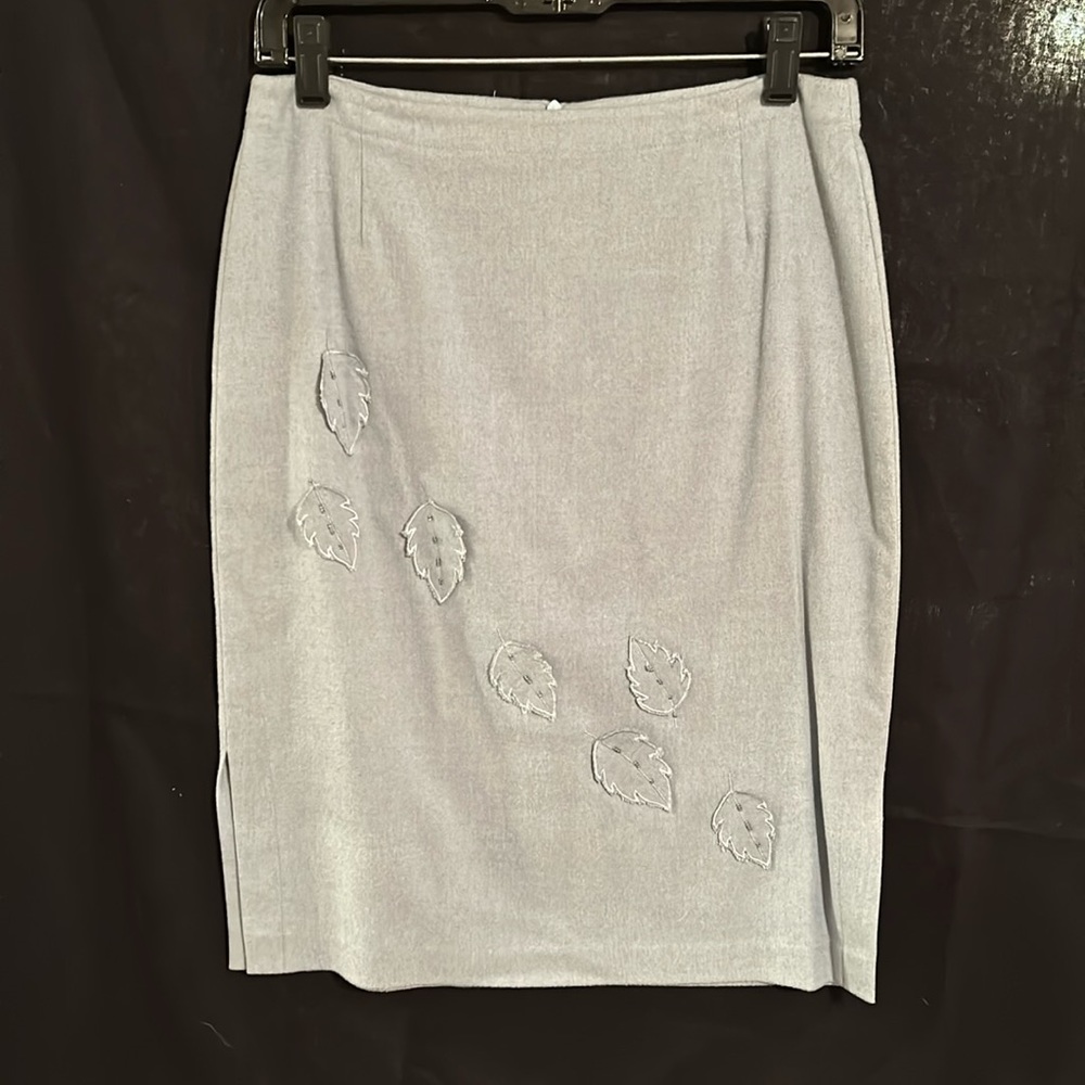 Vintage pale blue Laundry pencil skirt with leaf appliqués